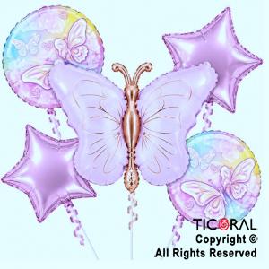 SET DE GLOBOS METALIZADO MARIPOSA TONOS LILA 5 UNIDADES